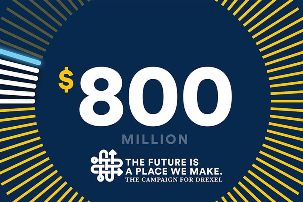 An image reads &quot;$800 million: The Future Is A Place We Make: The Campaign for Drexel.&quot;