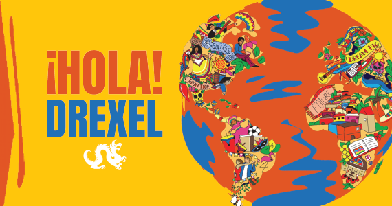 HOLA DREXEL logo -- orange and blue globe on yellow background. 