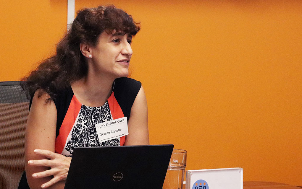 Photo of Denise Agosto speaking against an orange background
