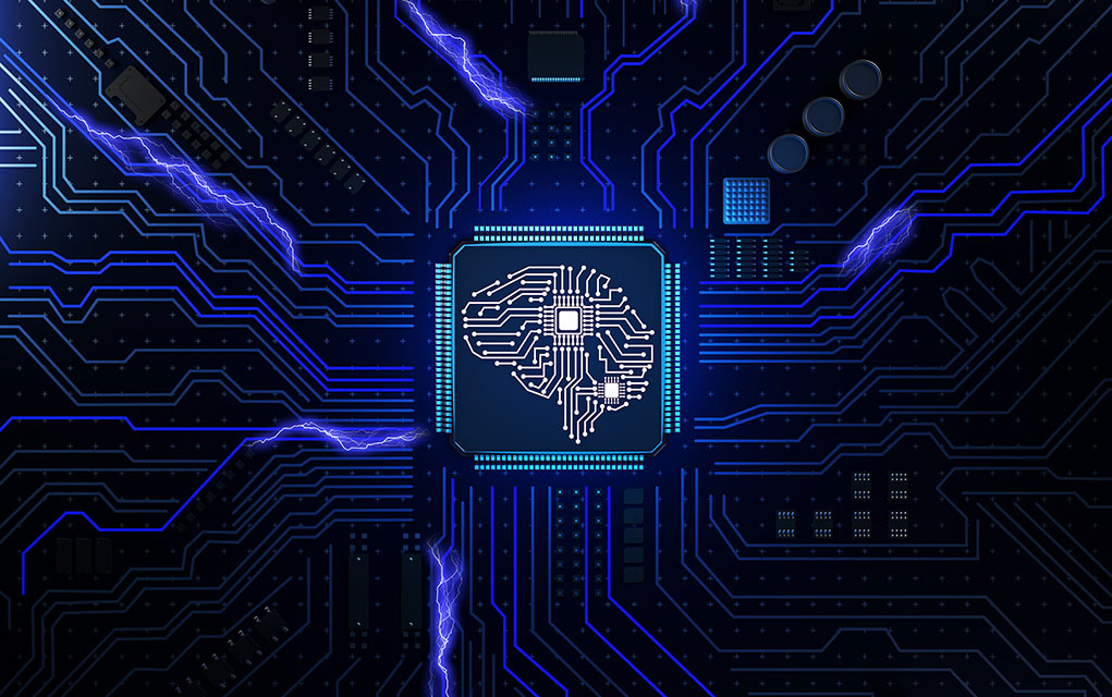 Graphic of circuit board with brain-shaped chip