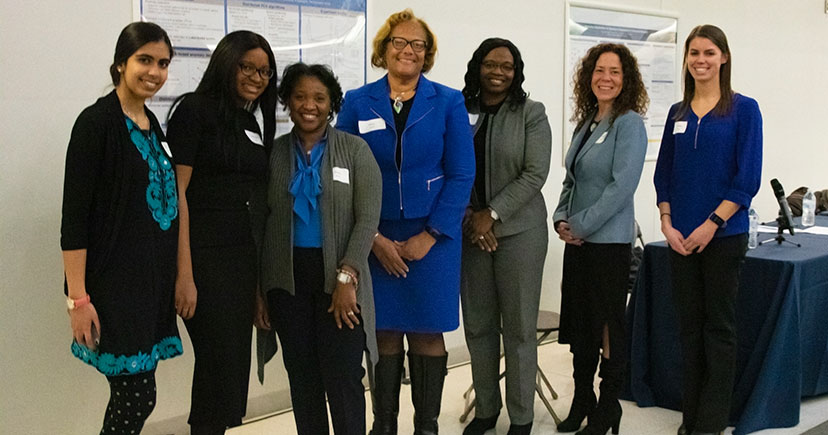 (L-R): CCI students Safa Aman and Ledornubari Nwilene, Tracey Bland (BISO, Prudential Financial), Nancy Hunter (CISO, Federal Reserve Bank of Philadelphia), Cathy Beech (CISO, Comcast), Anahi Santiago (CISO, Christiana Care Health System), and Rosemary Christian (Risk Advisor, AccessIT Group).
