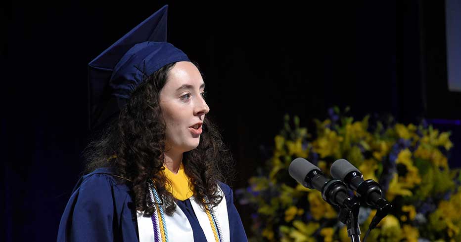CCI Dean’s Ambassador Kaitlyn Smith, graduating with a BS in information systems, addressed the Class of 2019 on June 13 in the Daskalakis Athletic Center.