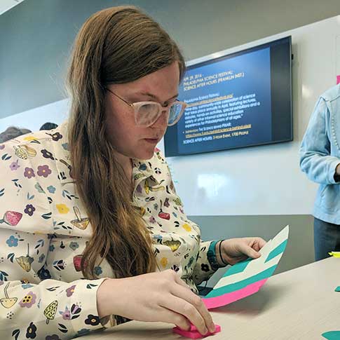 Annie Kelly, one of the participating teachers in the 2019 REThink Program, taking part in a Post-It activity designed to show how data structures and algorithms involved in image representation and compression work.
