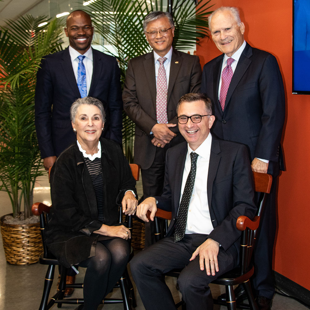 Provost Brian Blake, Dean Yi Deng, Albert Berger, Spiros Mancoridis, and Carol Auerbach photographed at the Auerbach Berger Chair in Cybersecurity dedication ceremony