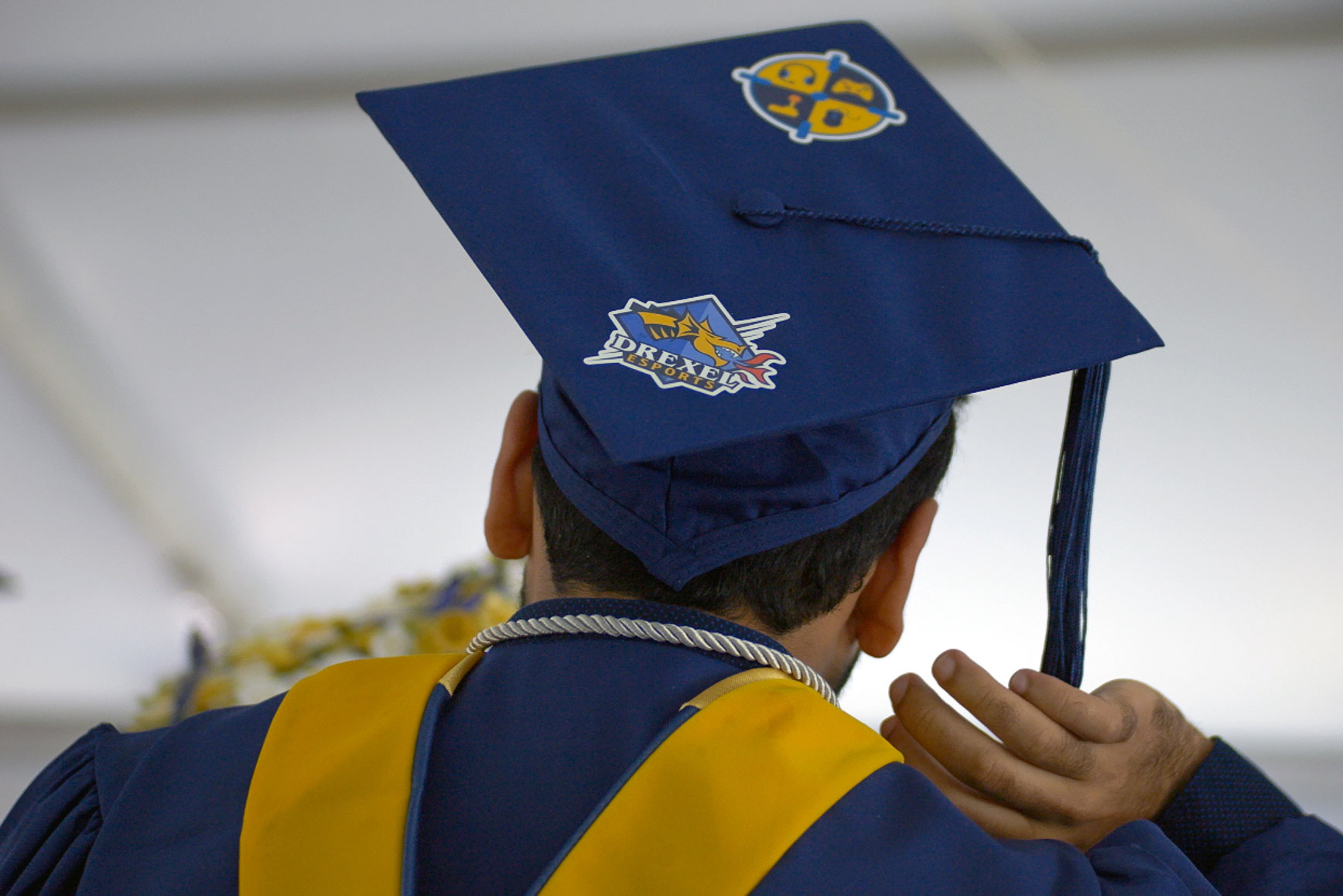 Photo of the back of the head of a student wearing blue mortarboard