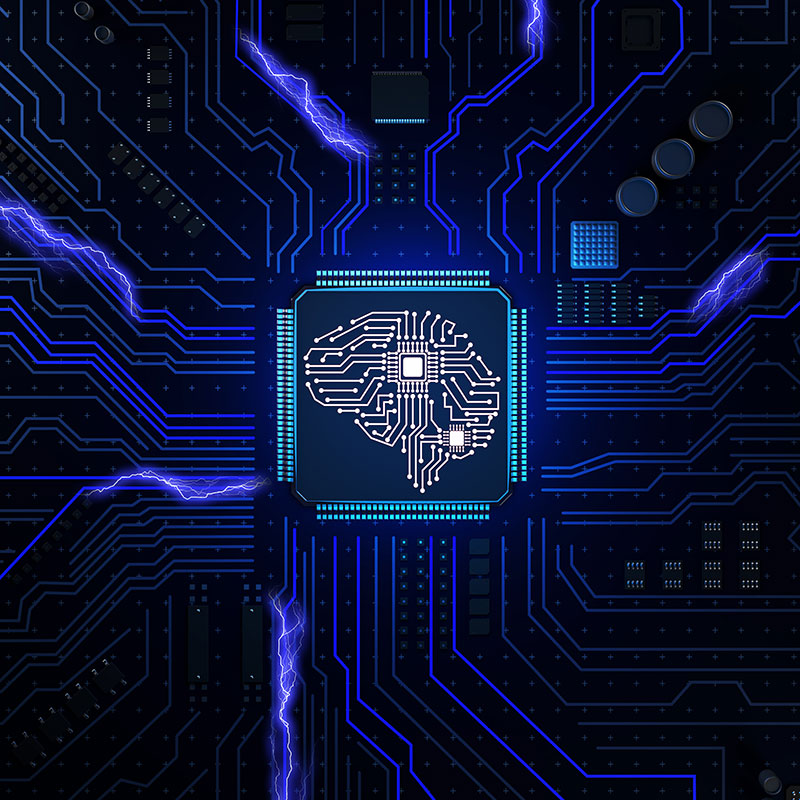 Graphic of brain connected to computer chip network