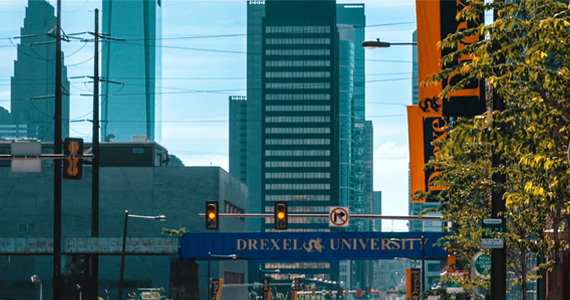 Philadelphia skyline and Drexel University bridge