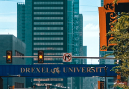 Philadelphia skyline and Drexel University bridge