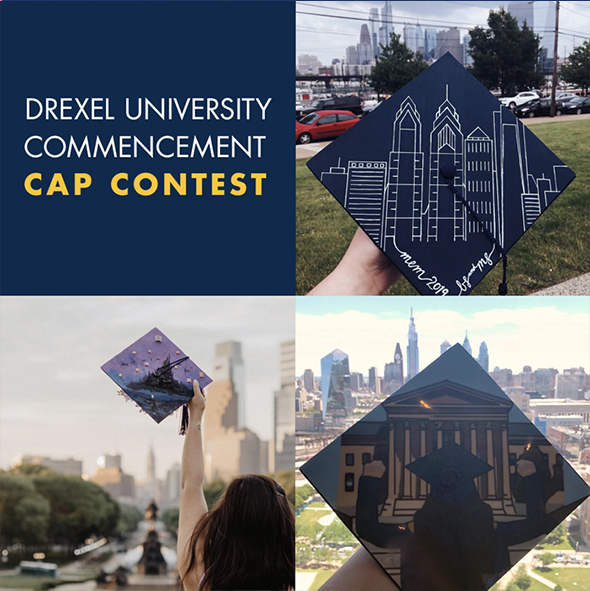 Drexel University Commencement Cap Contest with photos of 3 commencement caps