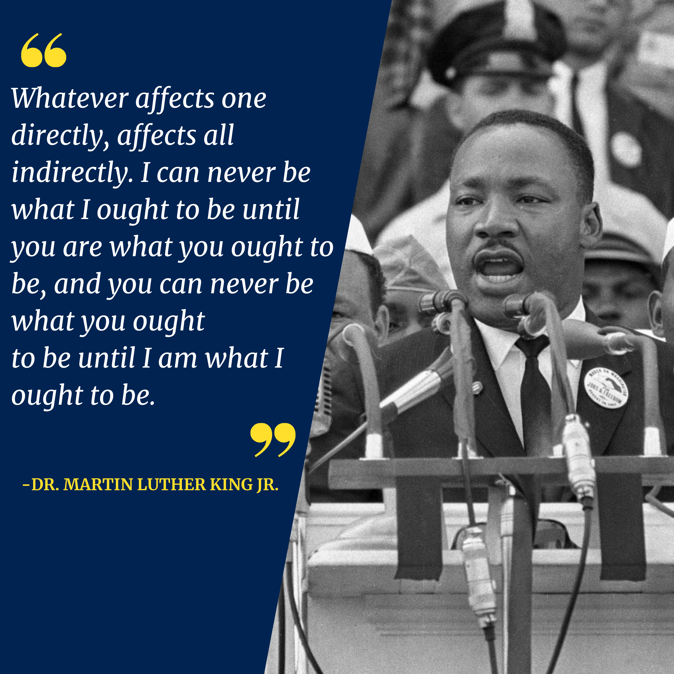 Image with a photo of Dr. Martin Luther King Jr and a quote: Whatever affects one directly, affects all indirectly. I can never be what I ought to be until you are what you ought to be, and you can never be what you ought to be until I am what I ought to be. 