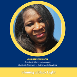 Christine Wilson's headshot in a circle graphic over navy blue