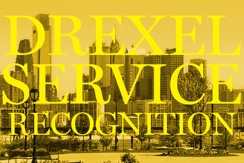 Yellow-toned photo of the Philadelphia skyline with the words Drexel Service Recognition in bold, capital letters