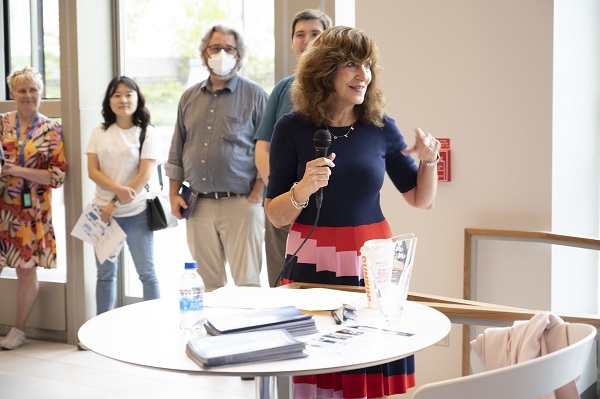 Dean Laura N. Gitlin, PhD addressing attendees from the College of Nursing and Health Professions during an open house in the new Drexel Health Science Building.