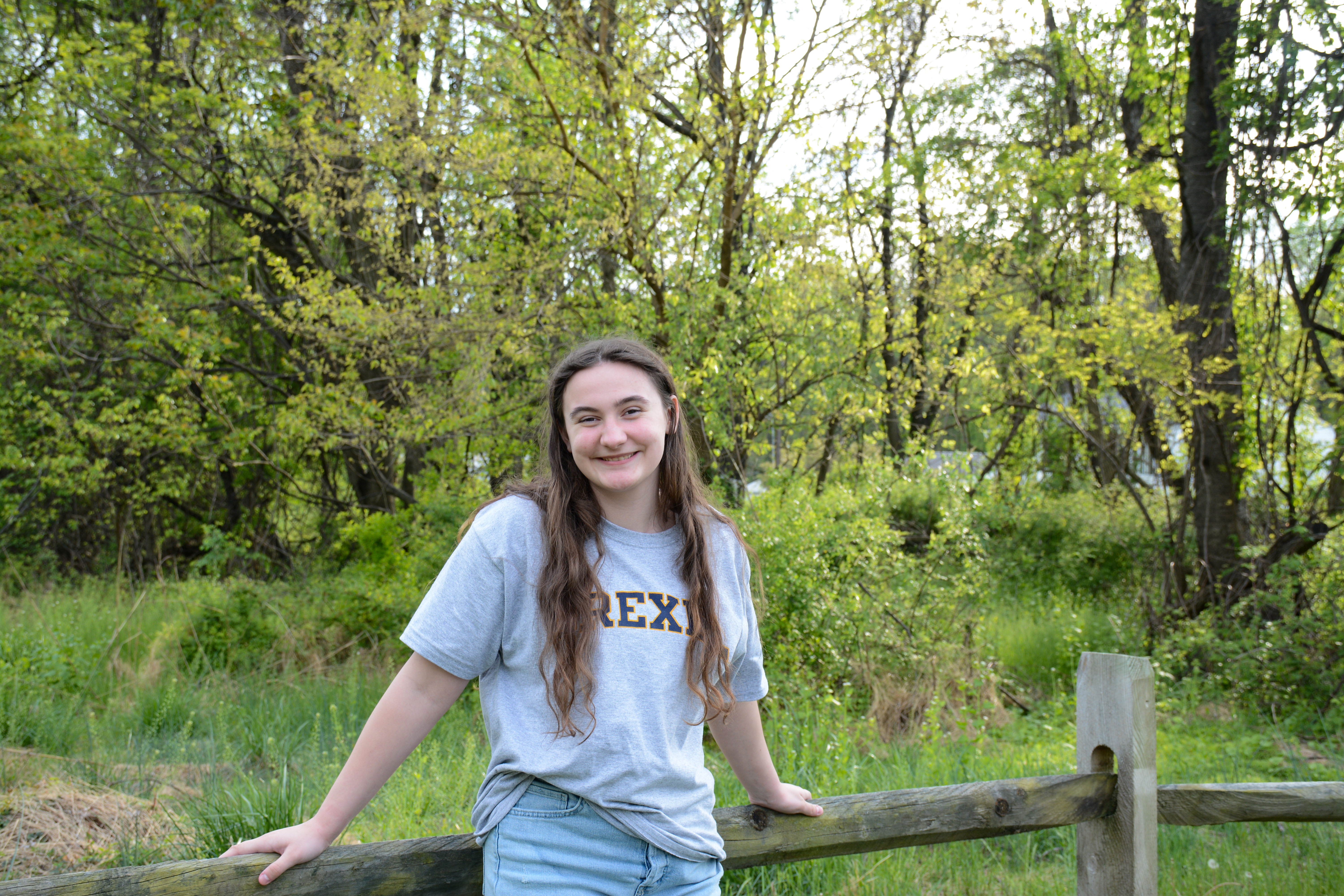 Annie Finholm Posing in Nature with Drexel T-shirt on