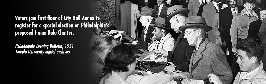 Voters jam first floor of City Hall Annex to register for April 17 special election on proposed Home Rule Charter for Philadelphia. – Philadelphia Evening Bulletin, 1951