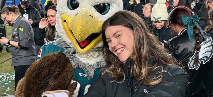 Drexel's Rhian Johnson, BA communication '27 with a concentration in public relations, enjoyed her co-op as an Aramark suite supervisor at the Eagles' 2025 Superbowl victory.