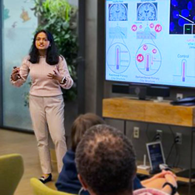 Biological sciences major Tasneem Siddique became the inaugural winner of the Drexel Quick Pitch Competition in 2023 for her Alzheimer's disease-related research.