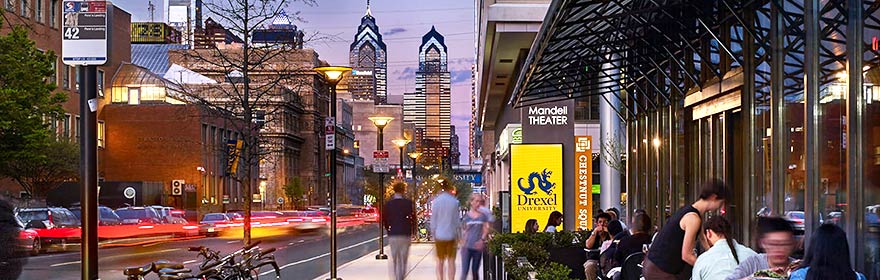 Drexel University students can explore dozens of vibrant dining and entertainment options, such as Drexel Square along Chestnut Street.