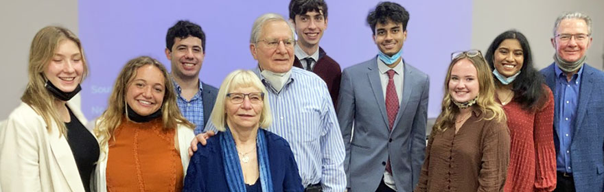 The Drexel 2020 and 2021 Maryanoff Scholars pose for a photo with Bruce (BS ’69, PhD ’72) and Cynthia (BS ’72) Maryanoff and Joe Foley, PhD, department head of chemistry, following their research presentations.