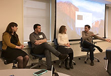 Allison Brown (Penn State), Luke Stark (Dartmouth), Sarah Tracy (UCLA), Alexios Tsigkas (New School) field questions at the Stop Making Sense Symposium. 