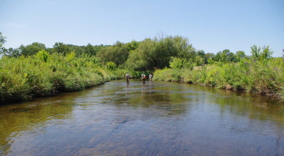 The Academy of Natural Sciences' watershed field crew heads downstream after collecting algae samples from the Upper Paulins Kill River in the New Jersey Highlands. Photo by Tess Hooper