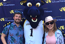 Drexel University Geoscience Student Nick Barber with Dean Donna Murasko and the Drexel University Mascot, Mario.