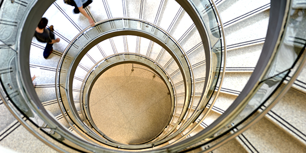 Looking down the spiral staircase in the Drexel Papadakis Integrated Sciences Center