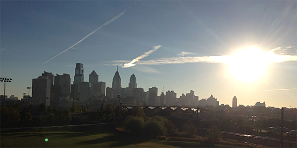 View of the sunrise over the Philadelphia Skyline
