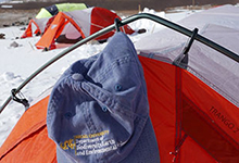 Ted Daeschler's Drexel hat hanging on a tent post in Antartica