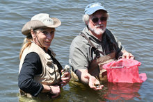 Roger Thomas and Danielle Kreeger, PhD transplanting mussels