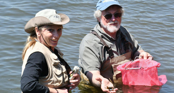 Roger Thomas and Danielle Kreeger, PhD transplanting mussels