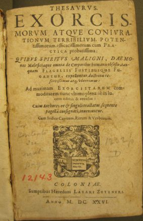 Title page of a 1626 edition of the Thesaurus exorcismorum. Saint Louis University Libraries Special Collections.