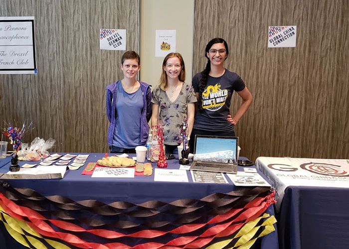 Drexel’s German Club at Global Day. From left to right: Franziska Bartel, treasurer and German tutor; Amy Smith, vice president; and Amarah Malik, president and German tutor. 