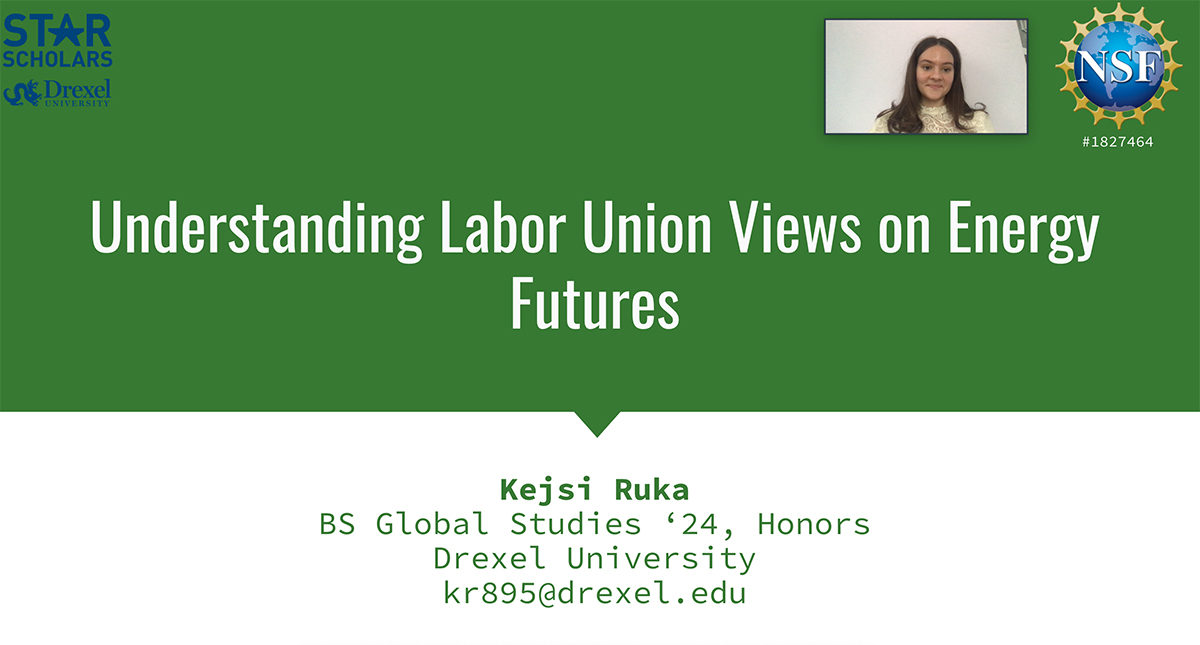 A screenshot of Kejsi Ruka's presentation titled Understanding Labor Union Views on Energy Futures