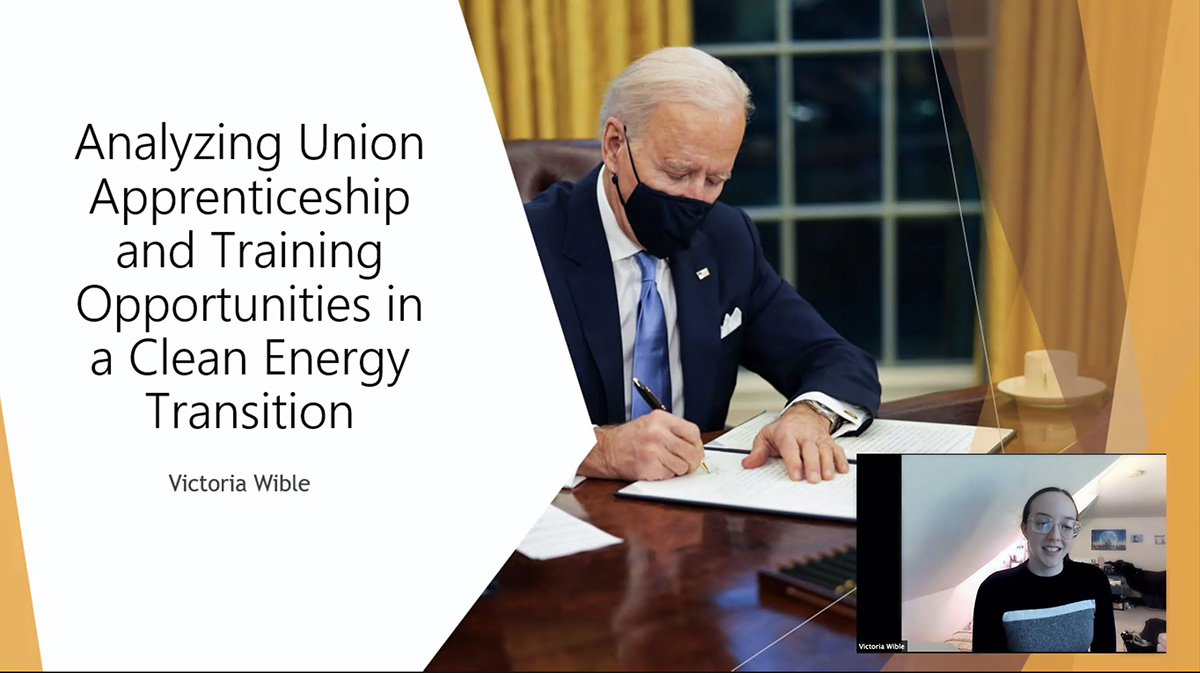 Screenshot of Victoria Wible presenting her research on Analyzing Union Apprenticeship and Training Opportunities in a Clean Energy Transition