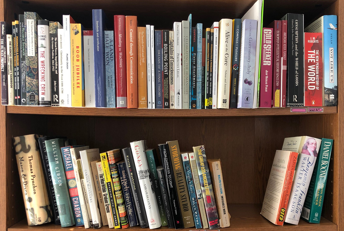 two rows of books on a bookshelf