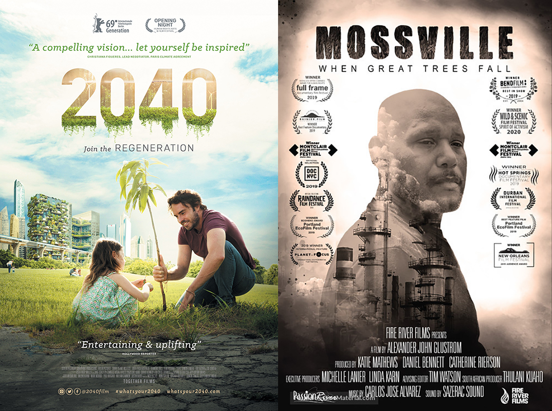 Movie poster for 2040 next to movie poster for Mossville: When Great Trees Fall