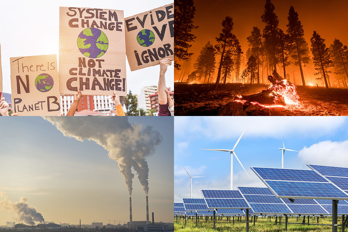 a grid of photos showing environmental justice protesters, a forest fire, industrial pollution, and solar panels and wind turbines 