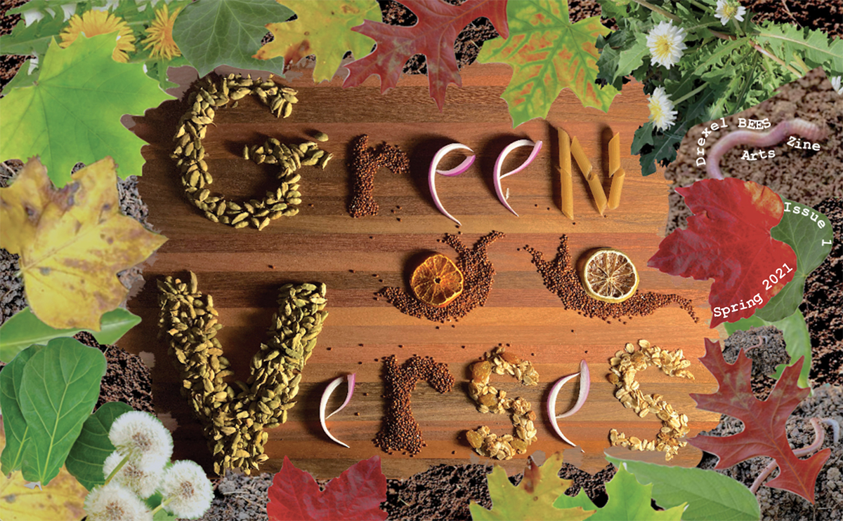 On a cutting board, vegetables, grains and spices are arranged to spell out Green Verses