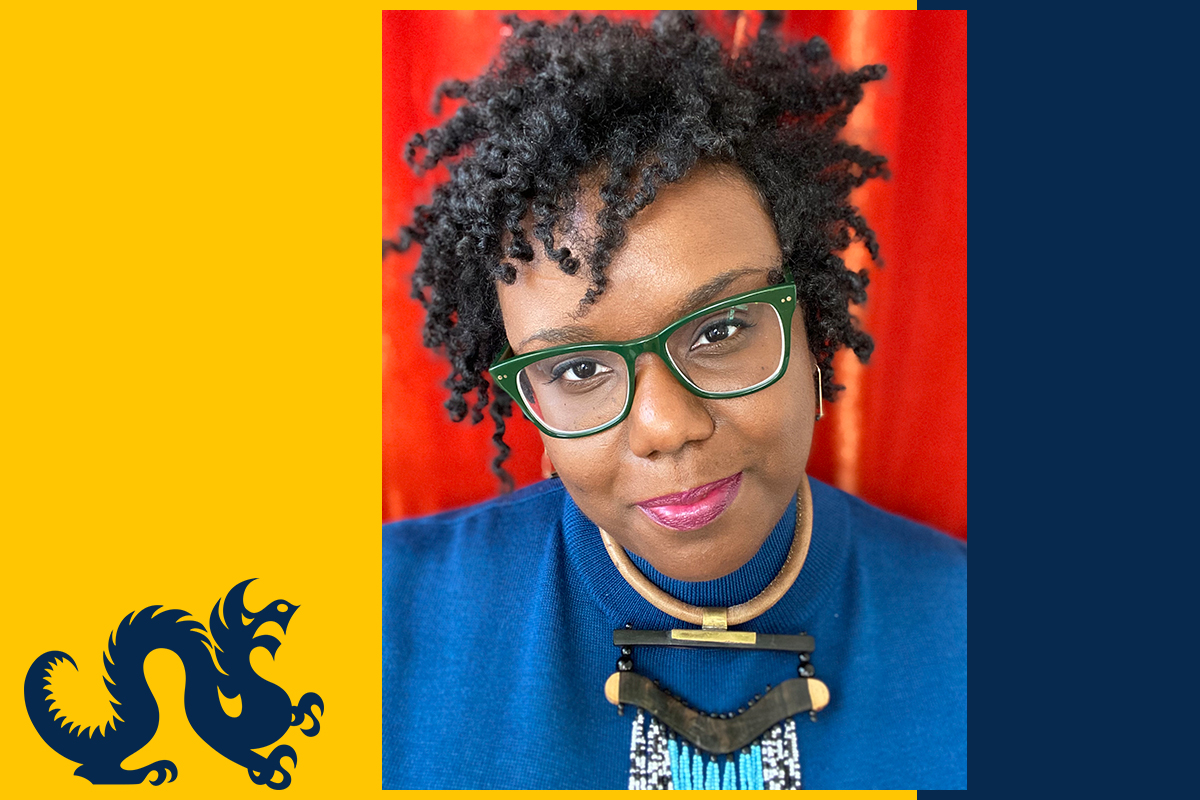 Photo of Jakeya Caruthers on a Drexel blue and gold background