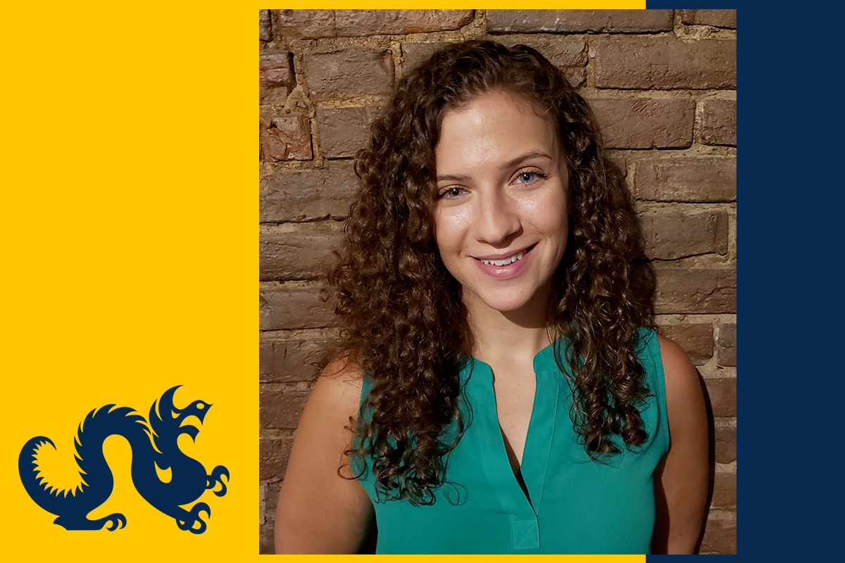 Photo of Kathleen Powell on blue and gold Drexel background