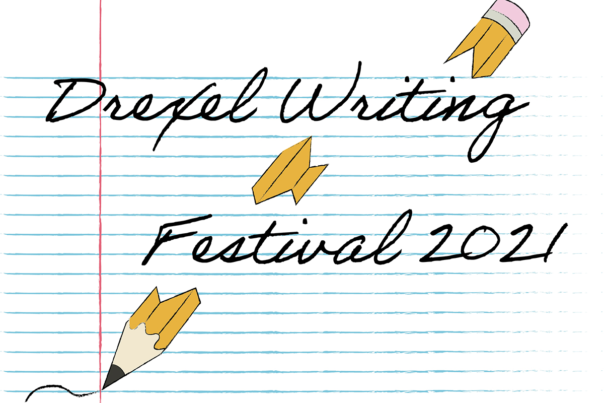 Illustration of notebook paper and pencil with Drexel Writing Festival 2021 written on it