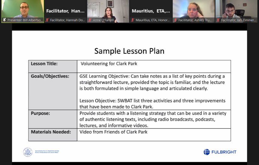a screenshot of a zoom session where participants are going over a sample lesson plan 