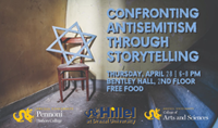 poster for confronting antisemitism through storytelling event with Star of David and blue text