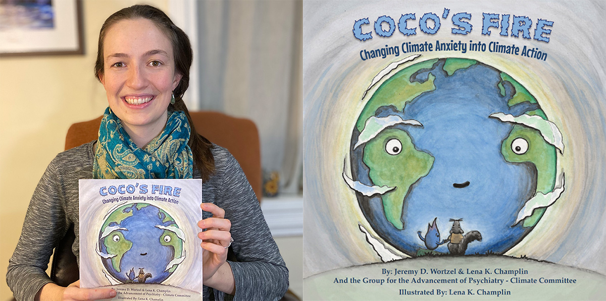 A photo of Lena Champlin holding a copy of her new children's book Coco's Fire next to an image of the book's cover