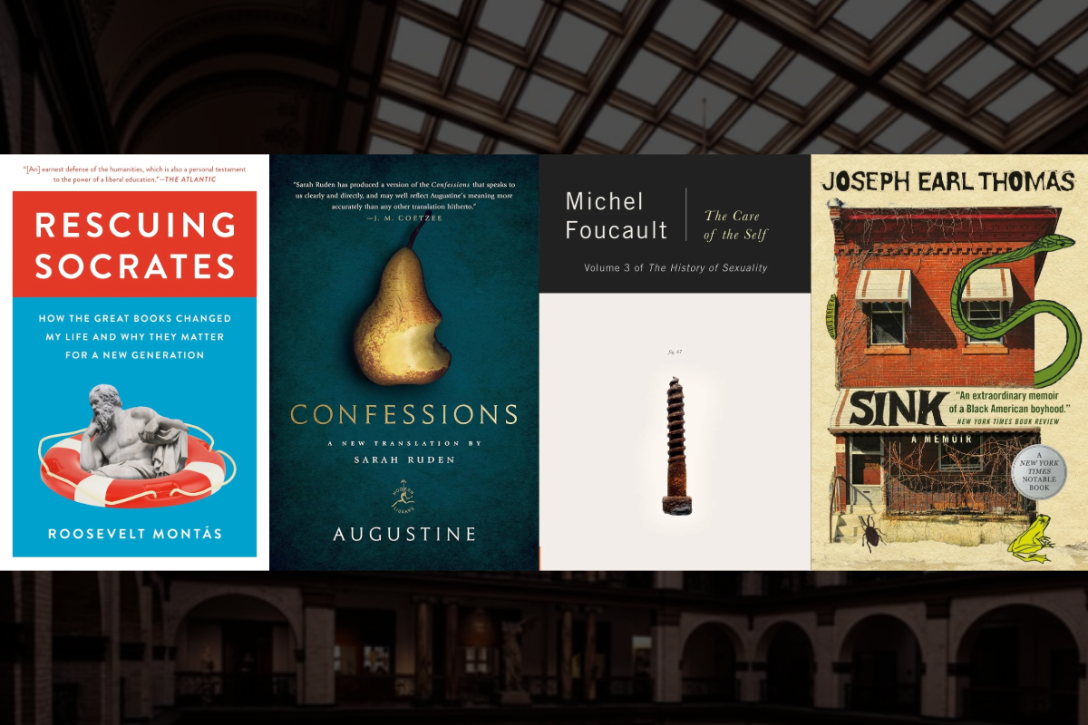 Image of four book covers from left to right: Rescuing Socrates, Confessions, The Care of the Self, and Sink