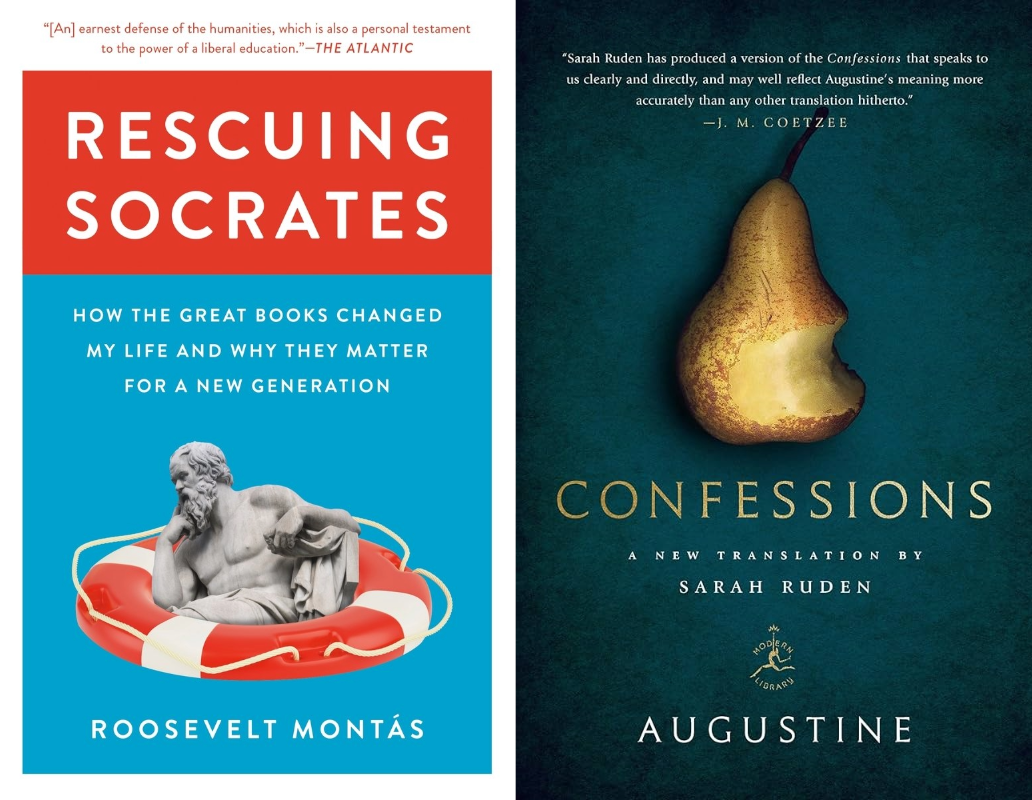 Image of two book covers from left to right: Rescuing Socrates, Confessions