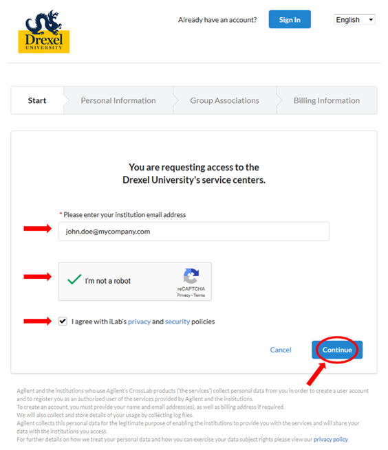 Screenshot of iLab registration