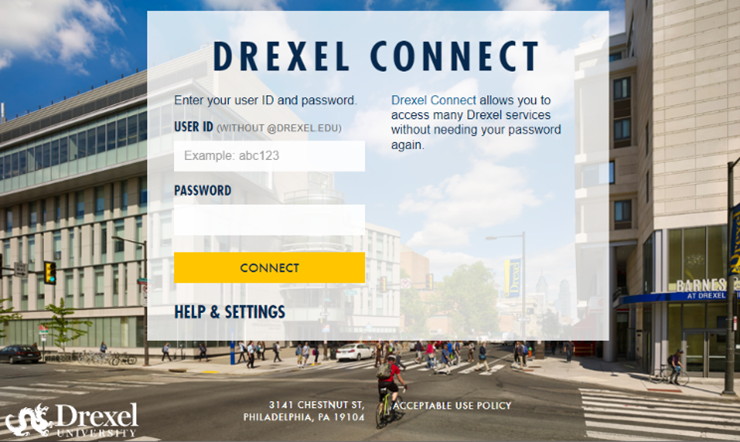 Screengrab of Drexel Connect authentication screen