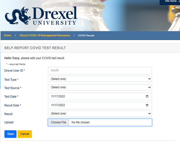 Screengrab showing Drexel Health Checker test result self-reporting screen